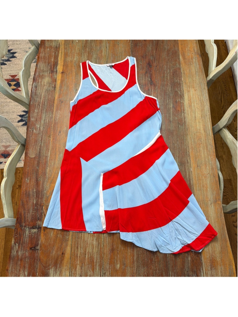 The Kit Striped Colorblock Asymmetrical Dress Red Light Blue Tank Midi Size XL